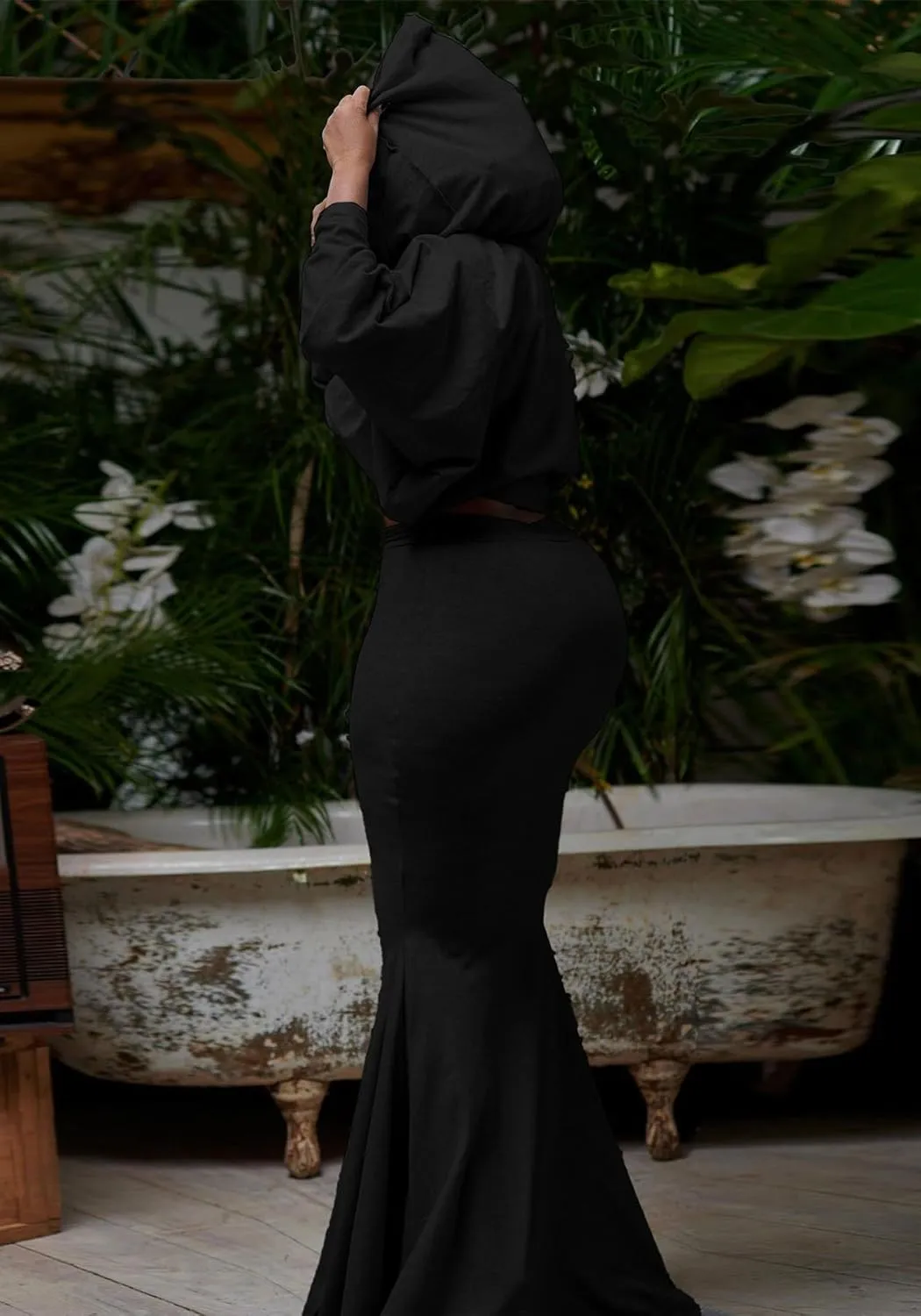 Tbahhir Womens Batwing Sleeve Heaps Collar Tops 2 Piece Outfit Crop Top and Bodycon Fishtail Mermaid Maxi Skirt Sets
