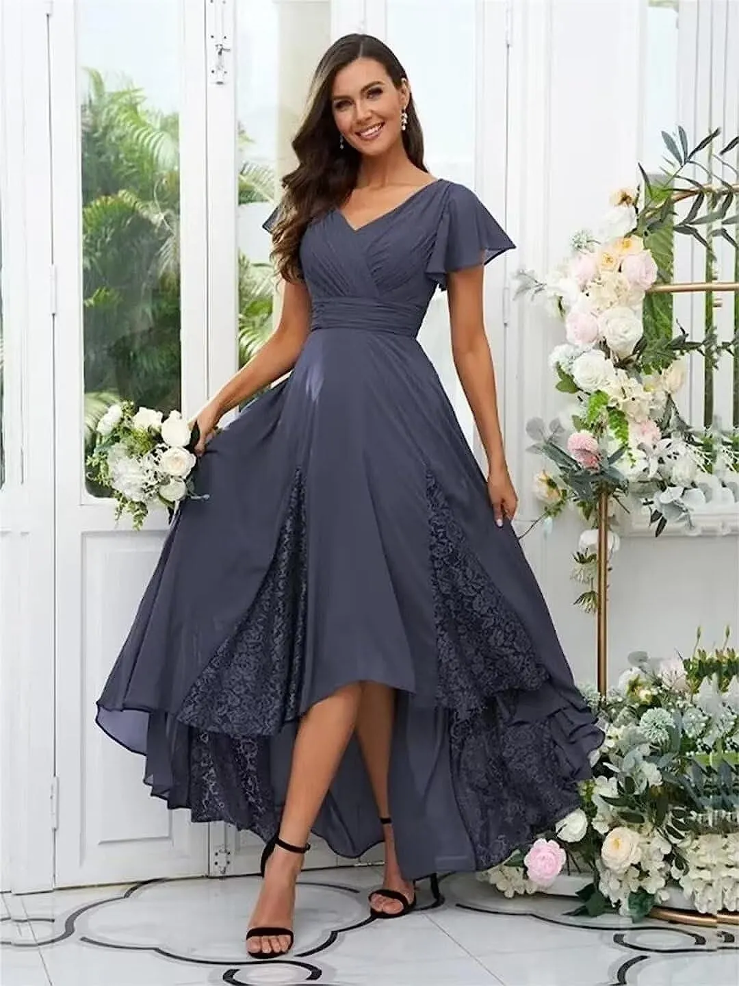 Tea Length Mother of The Bride Dresses for Wedding Ruffle Sleeves Chiffon Lace Long Evening Gown