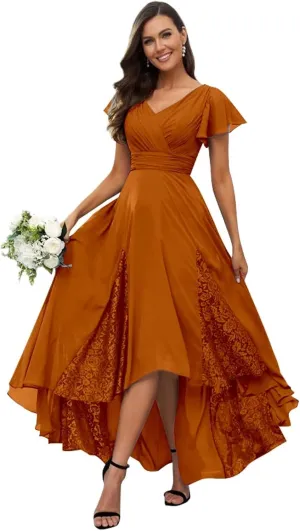 Tea Length Mother of The Bride Dresses for Wedding Ruffle Sleeves Chiffon Lace Long Evening Gown