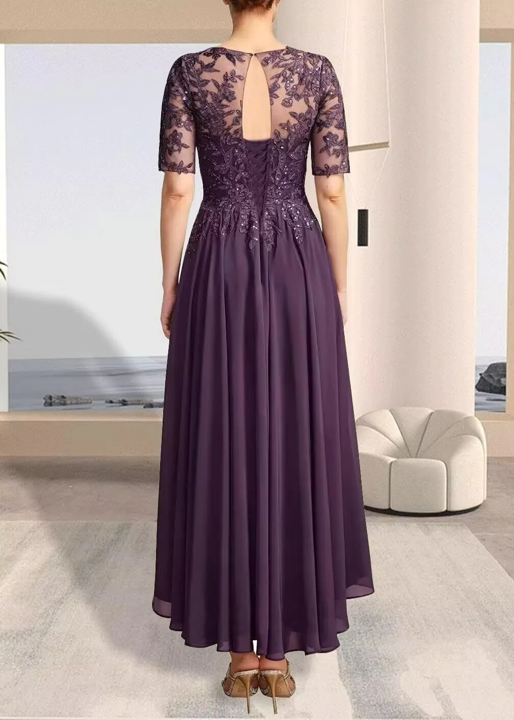 Tea Length Mother of The Bride Dresses for Wedding Short Sleeve Formal Dresses Lace Applique Chiffon Evening Party Gown