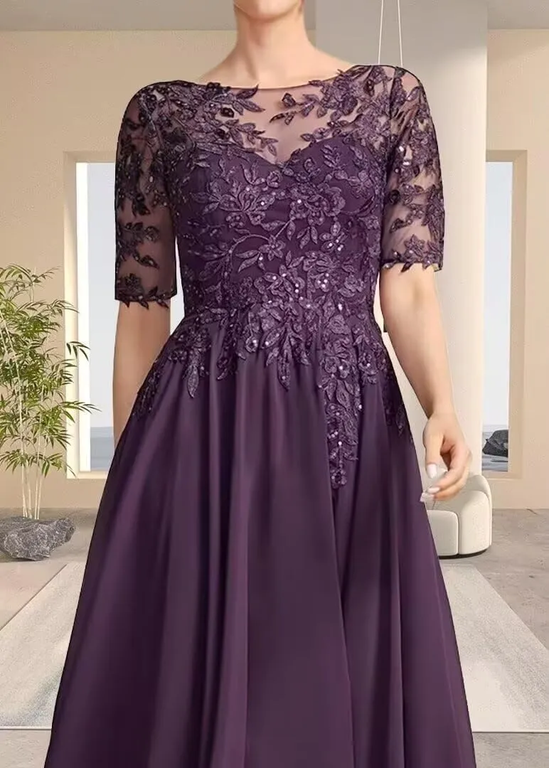 Tea Length Mother of The Bride Dresses for Wedding Short Sleeve Formal Dresses Lace Applique Chiffon Evening Party Gown