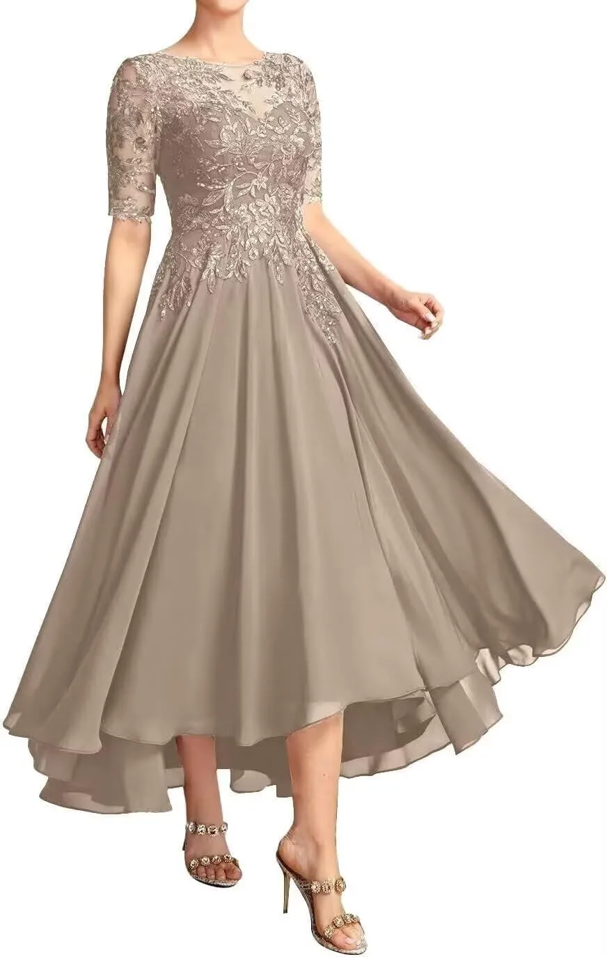 Tea Length Mother of The Bride Dresses for Wedding Short Sleeve Formal Dresses Lace Applique Chiffon Evening Party Gown
