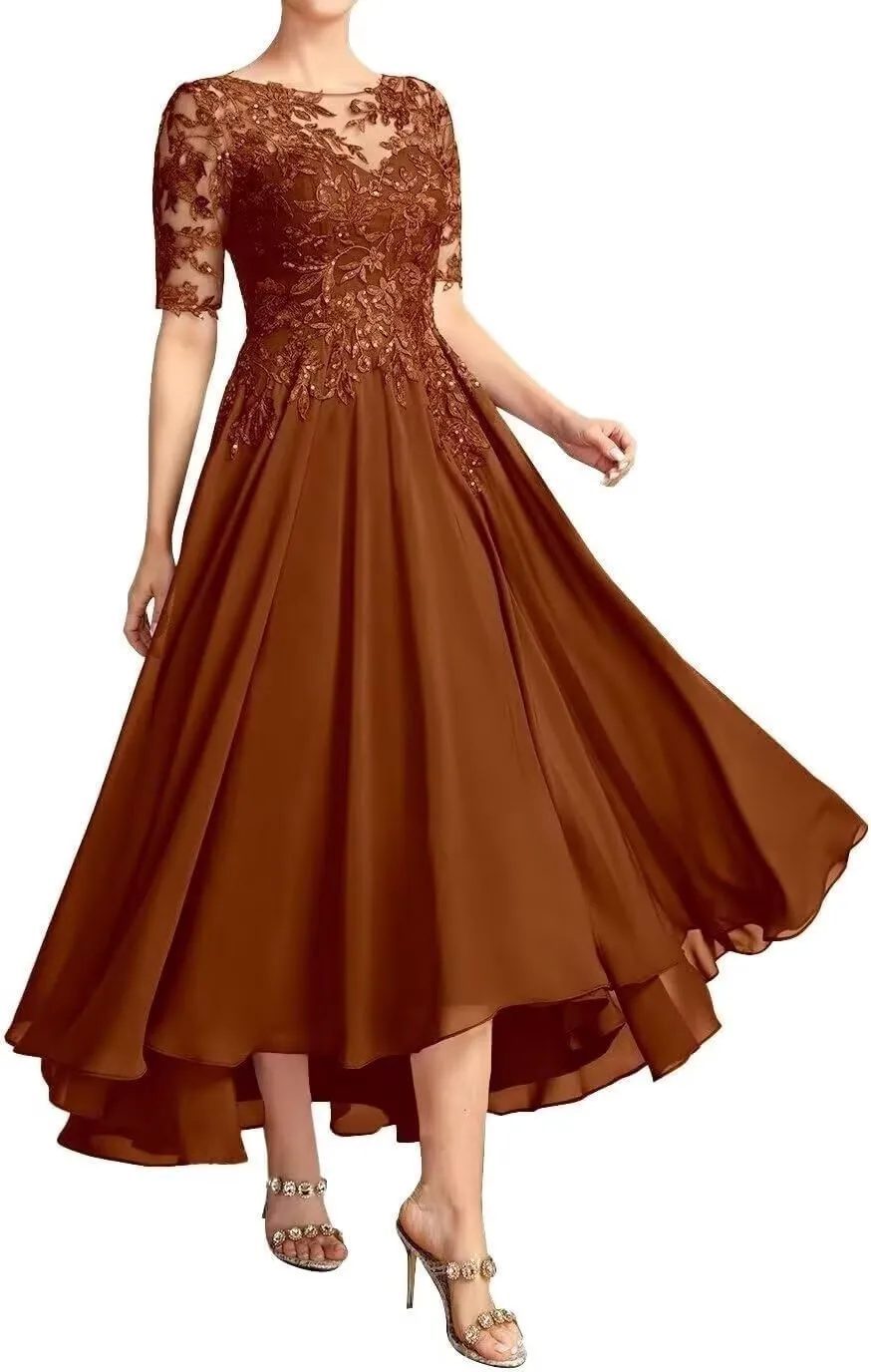 Tea Length Mother of The Bride Dresses for Wedding Short Sleeve Formal Dresses Lace Applique Chiffon Evening Party Gown