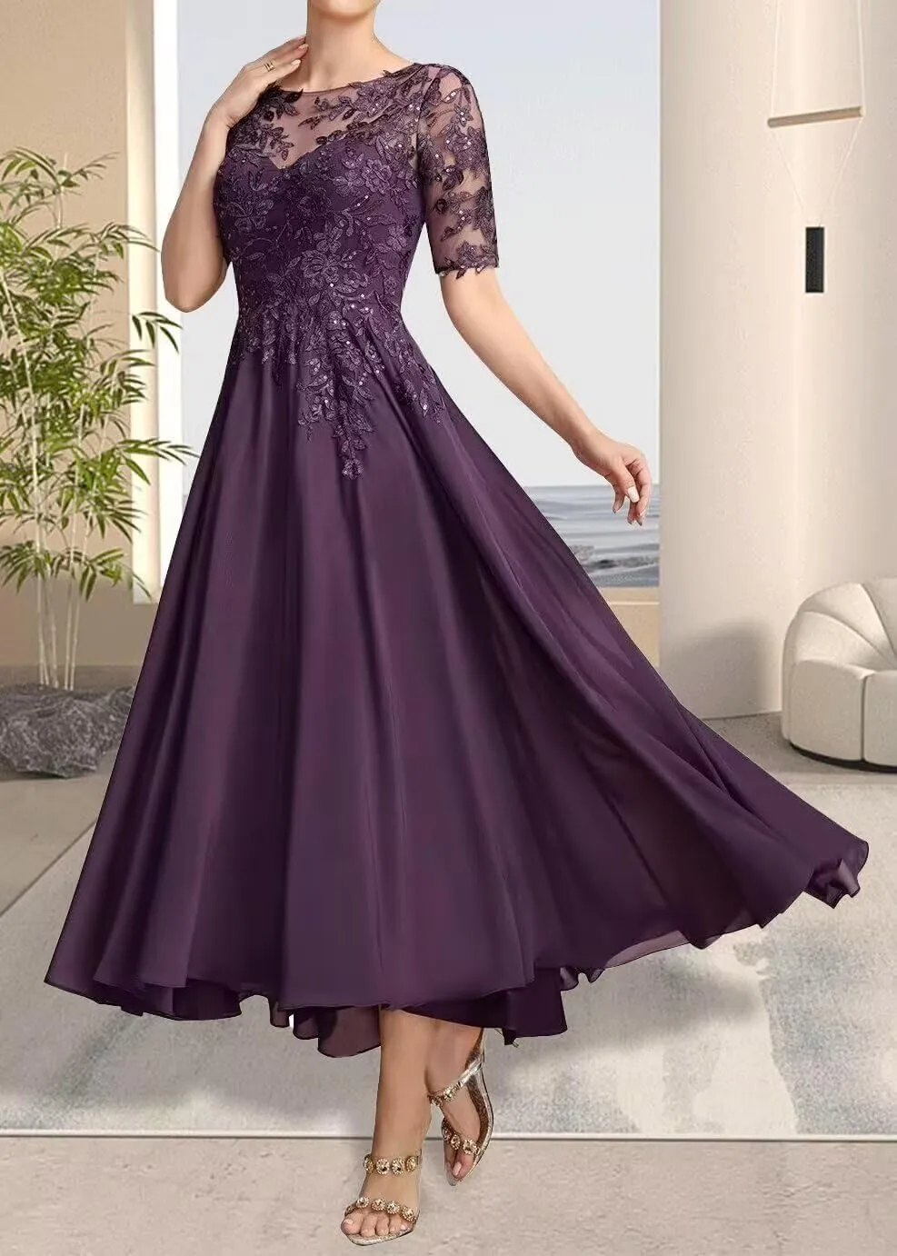 Tea Length Mother of The Bride Dresses for Wedding Short Sleeve Formal Dresses Lace Applique Chiffon Evening Party Gown