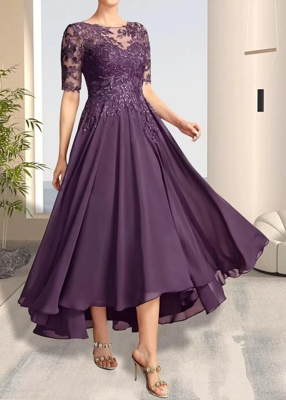 Tea Length Mother of The Bride Dresses for Wedding Short Sleeve Formal Dresses Lace Applique Chiffon Evening Party Gown