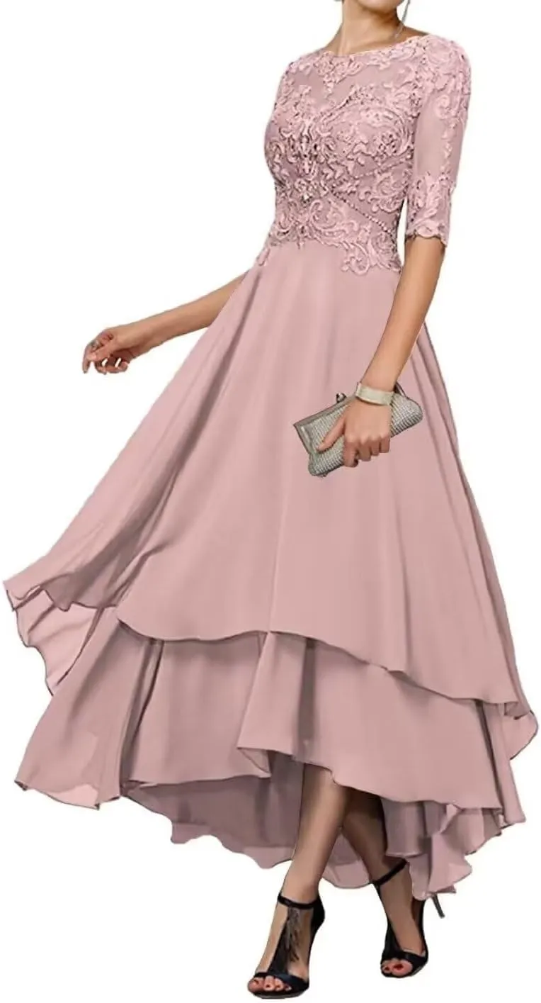 Tea Length Mother of The Bride Dresses for Wedding Tiered Chiffon Lace Evening Formal Gown with Sleeves