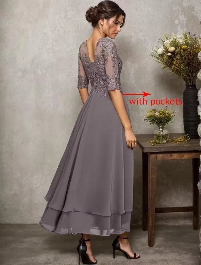 Tea Length Mother of The Bride Dresses for Wedding Tiered Chiffon Lace Evening Formal Gown with Sleeves