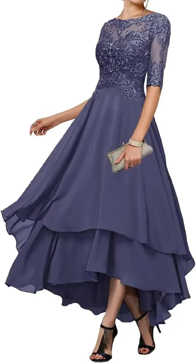 Tea Length Mother of The Bride Dresses for Wedding Tiered Chiffon Lace Evening Formal Gown with Sleeves