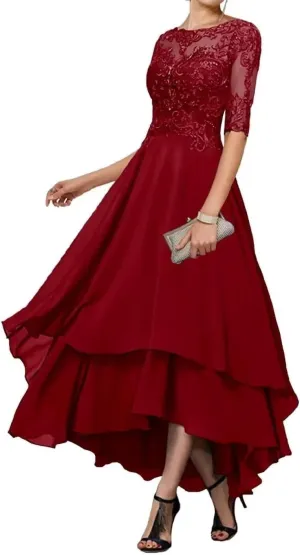 Tea Length Mother of The Bride Dresses for Wedding Tiered Chiffon Lace Evening Formal Gown with Sleeves
