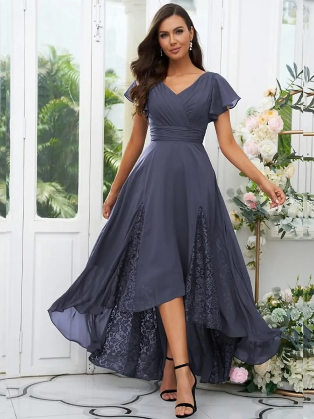 Tea Length Mother of The Bride Dresses with Sleeves V-Neck Lace Applique High Low Formal Dress for Wedding Guest