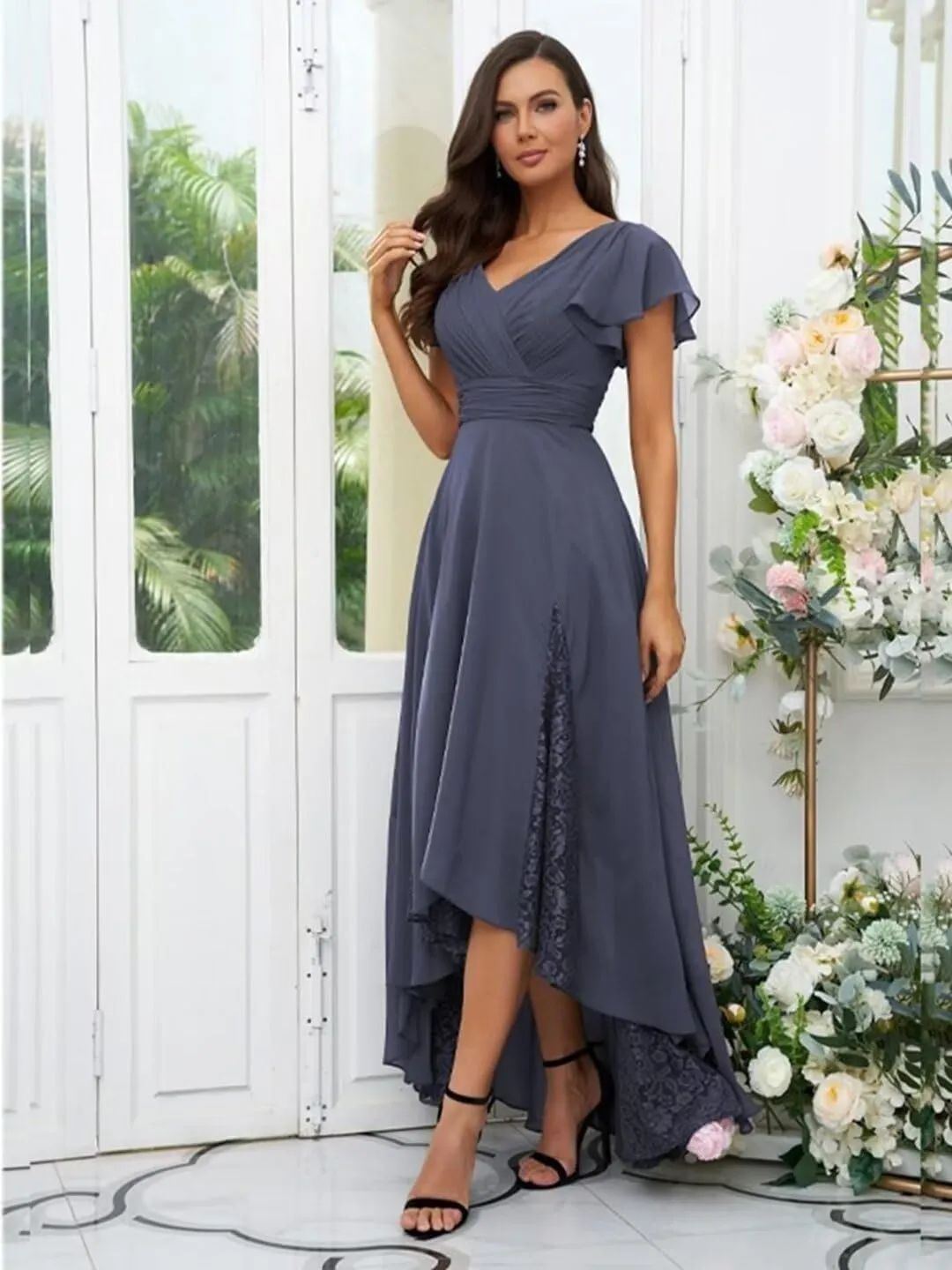 Tea Length Mother of The Bride Dresses with Sleeves V-Neck Lace Applique High Low Formal Dress for Wedding Guest