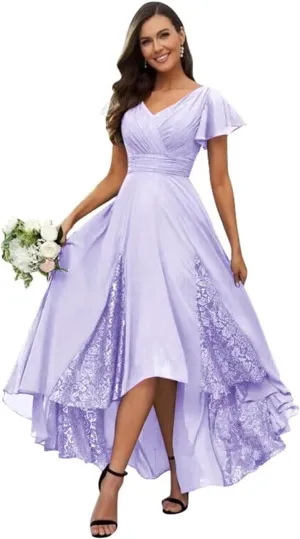 Tea Length Mother of The Bride Dresses with Sleeves V-Neck Lace Applique High Low Formal Dress for Wedding Guest