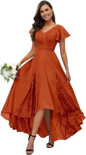 Tea Length Mother of The Bride Dresses with Sleeves V-Neck Lace Applique High Low Formal Dress for Wedding Guest