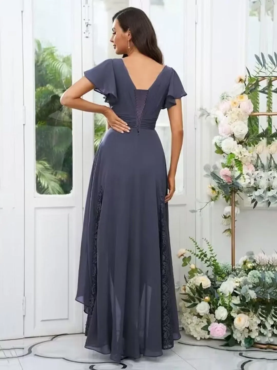 Tea Length Mother of The Bride Dresses with Sleeves V-Neck Lace Applique High Low Formal Dress for Wedding Guest