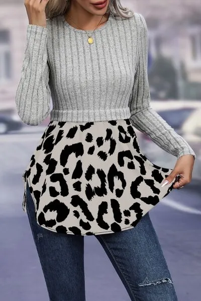 TEEK - Leopard Peplum Round Neck Blouse