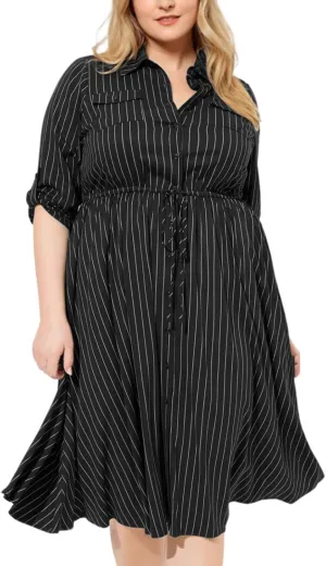 Theenkoln Womens Plus Size Button Dress Collared V Neck 3/4 Sleeve Striped Casual Drawstring Midi Fall Dresses with Pocket