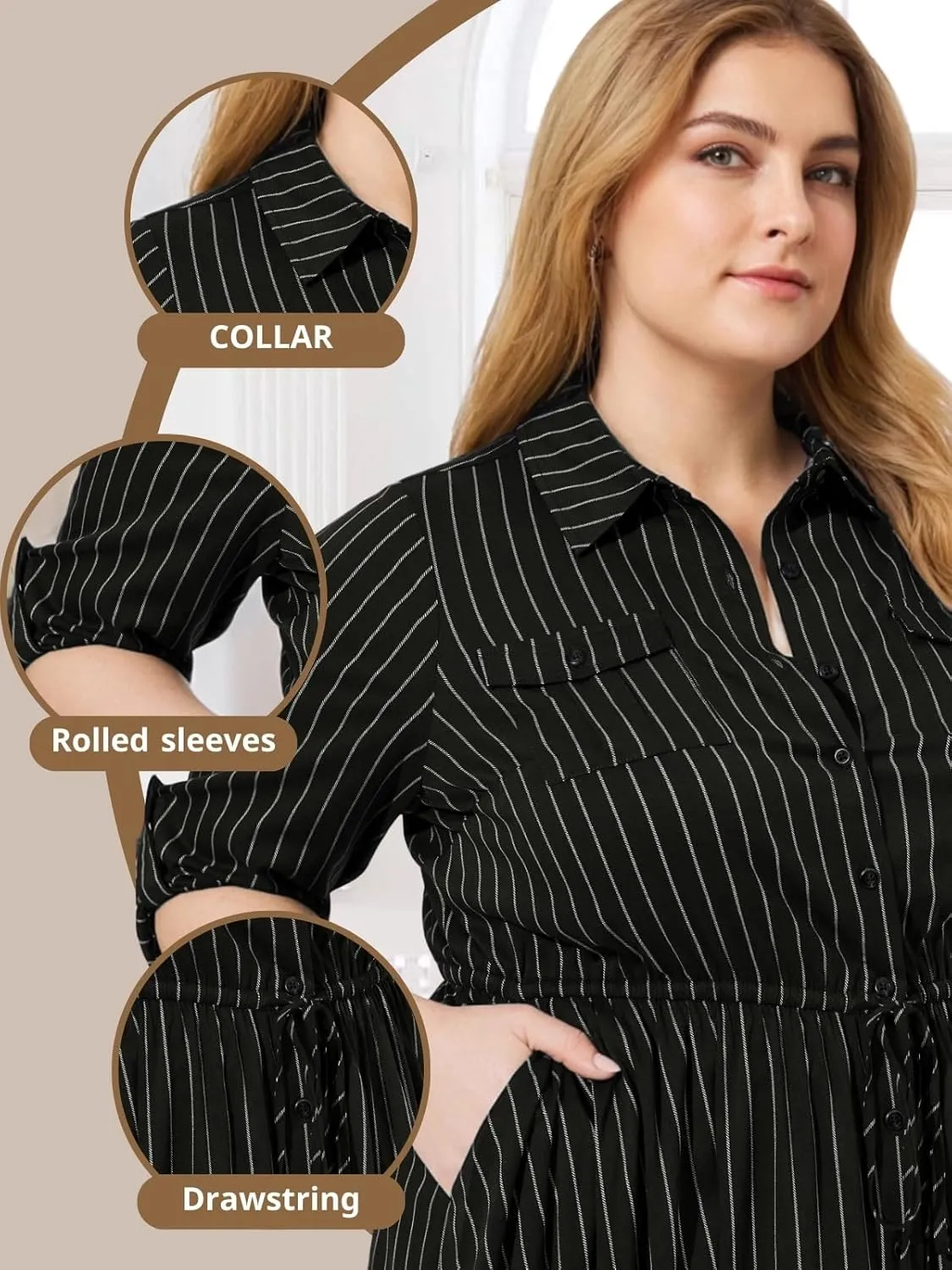 Theenkoln Womens Plus Size Button Dress Collared V Neck 3/4 Sleeve Striped Casual Drawstring Midi Fall Dresses with Pocket