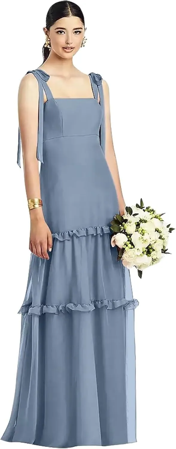 Tie Strap Bridesmaid Dresses for Women Wedding Long Ruffle Square Neck Formal Evening Dress