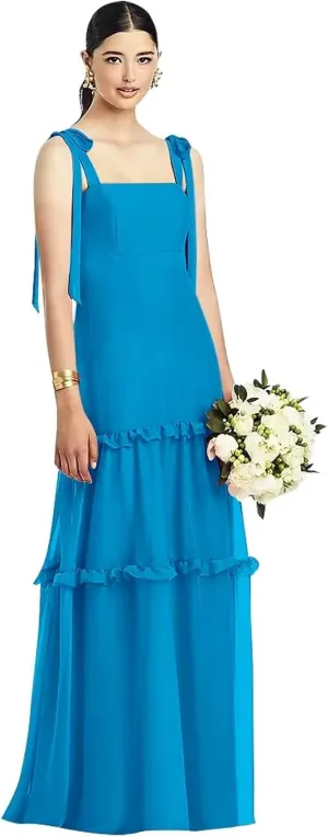 Tie Strap Bridesmaid Dresses for Women Wedding Long Ruffle Square Neck Formal Evening Dress