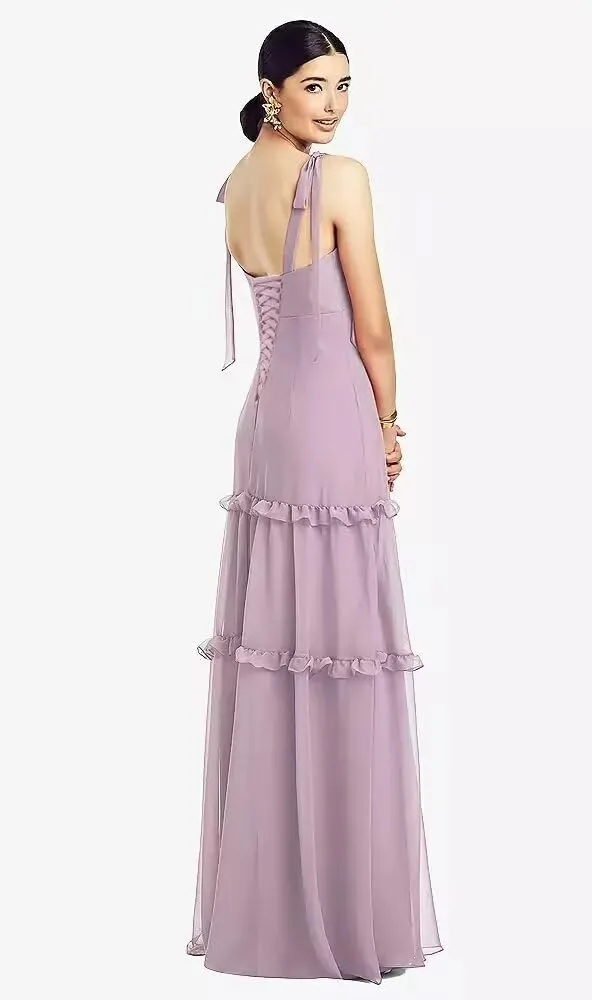 Tie Strap Bridesmaid Dresses for Women Wedding Long Ruffle Square Neck Formal Evening Dress