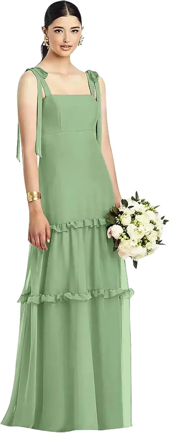 Tie Strap Bridesmaid Dresses for Women Wedding Long Ruffle Square Neck Formal Evening Dress