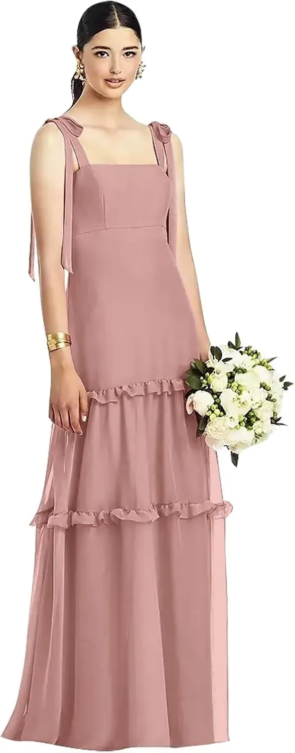 Tie Strap Bridesmaid Dresses for Women Wedding Long Ruffle Square Neck Formal Evening Dress