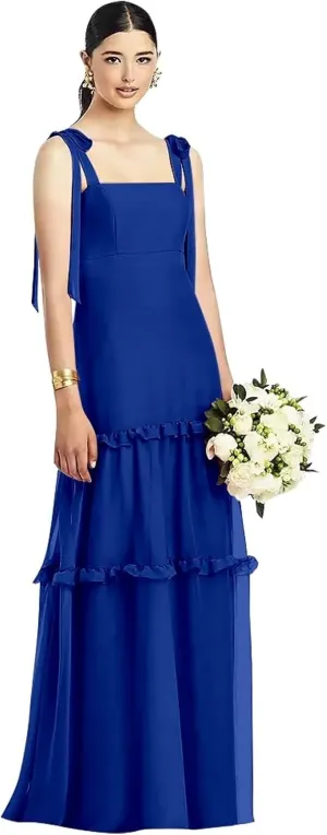 Tie Strap Bridesmaid Dresses for Women Wedding Long Ruffle Square Neck Formal Evening Dress
