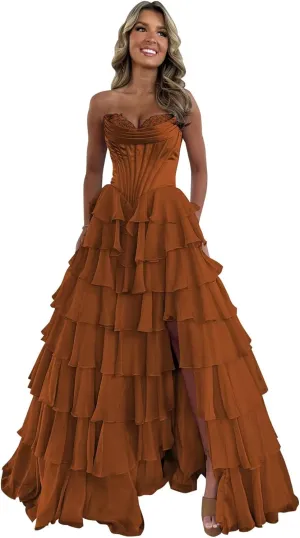 Tiered Chiffon Prom Dress with Slit 2025 Ruffle Sweetheart Strapless Formal Evening Dress for Teens