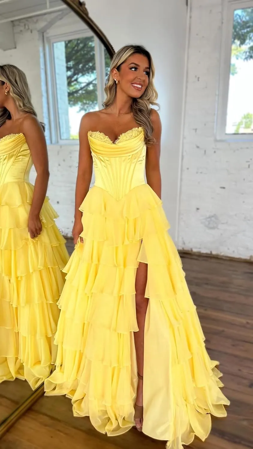 Tiered Chiffon Prom Dress with Slit 2025 Ruffle Sweetheart Strapless Formal Evening Dress for Teens