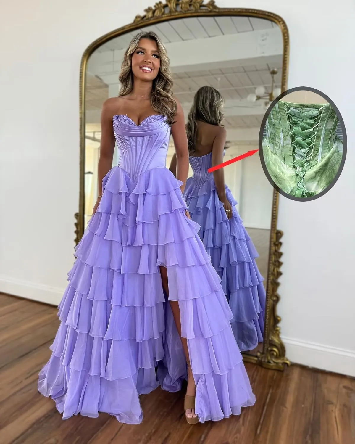 Tiered Chiffon Prom Dress with Slit 2025 Ruffle Sweetheart Strapless Formal Evening Dress for Teens