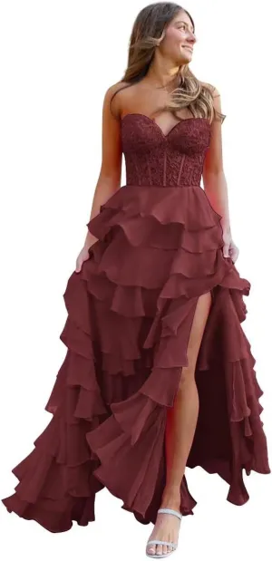 Tiered Lace Prom Dresses for Women Corset Ruffles Chiffon Formal Evening Gowns with Slit