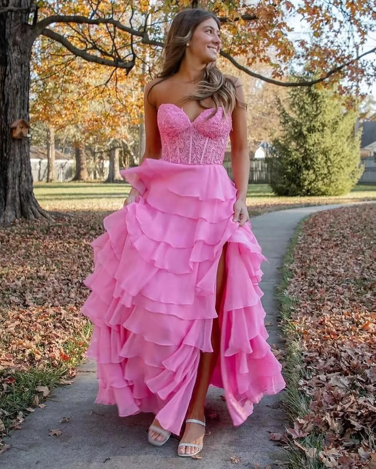 Tiered Lace Prom Dresses for Women Corset Ruffles Chiffon Formal Evening Gowns with Slit