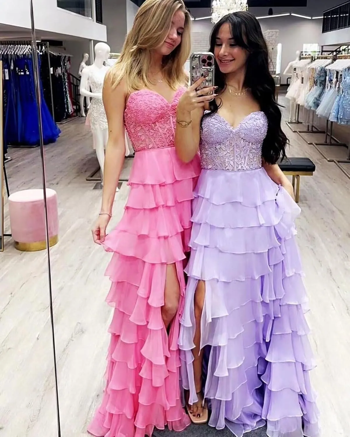 Tiered Lace Prom Dresses for Women Corset Ruffles Chiffon Formal Evening Gowns with Slit