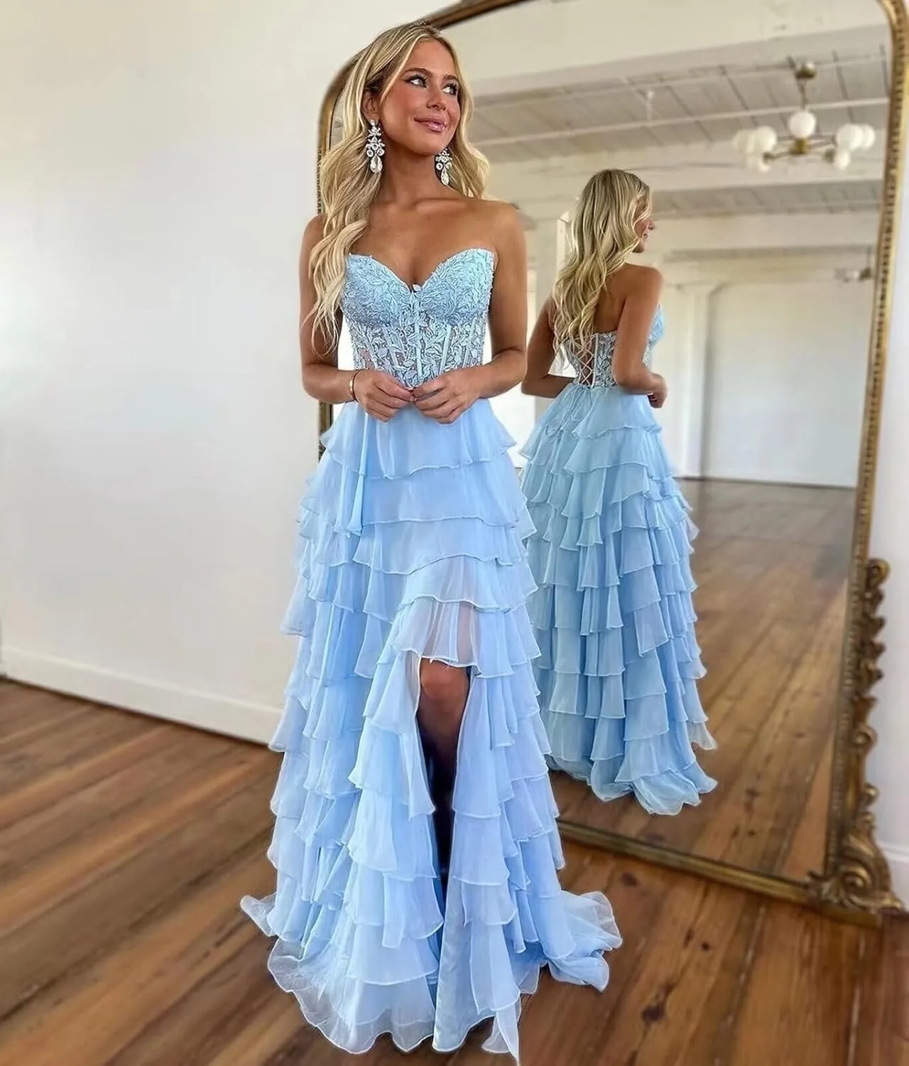 Tiered Lace Prom Dresses for Women Corset Ruffles Chiffon Formal Evening Gowns with Slit