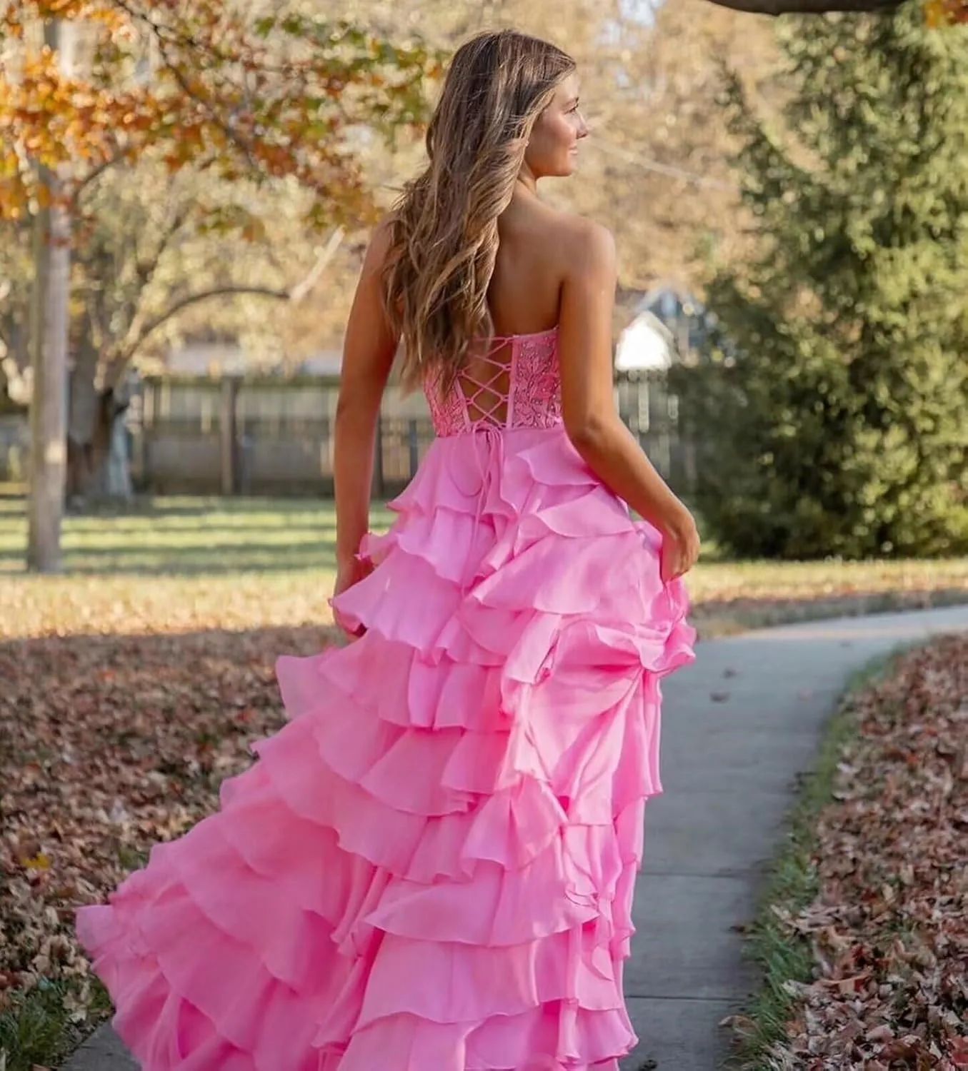 Tiered Lace Prom Dresses for Women Corset Ruffles Chiffon Formal Evening Gowns with Slit