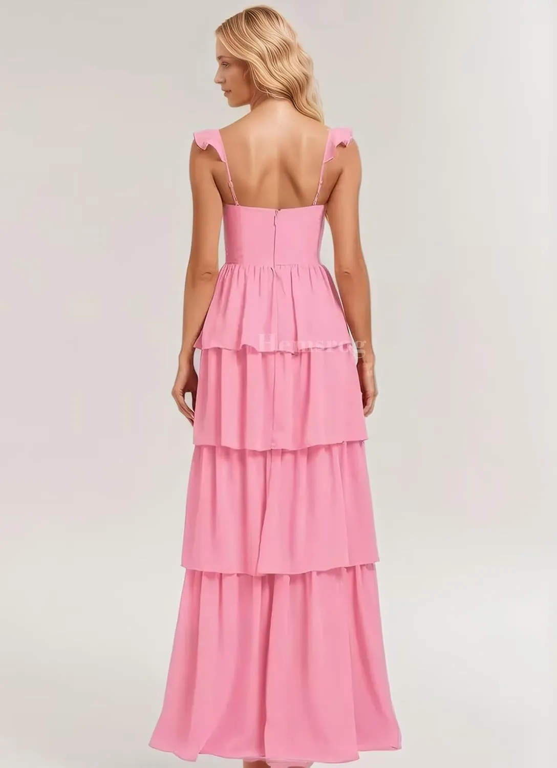 Tiered Ruffle Bridesmaid Dresses for Wedding Spaghetti Strap Prom Dress Chiffon Evening Gown for Women with Slit