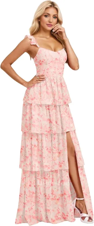 Tiered Ruffle Bridesmaid Dresses for Wedding Spaghetti Strap Prom Dress Chiffon Evening Gown for Women with Slit