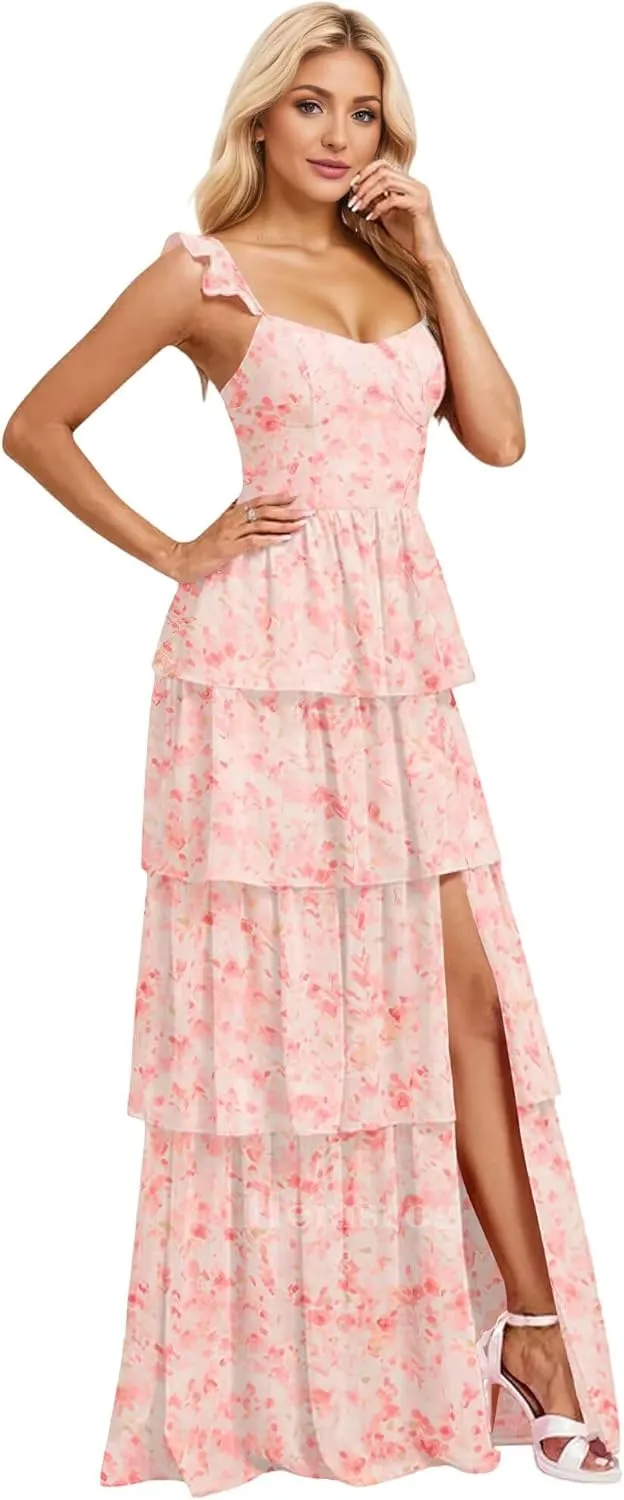 Tiered Ruffle Bridesmaid Dresses for Wedding Spaghetti Strap Prom Dress Chiffon Evening Gown for Women with Slit