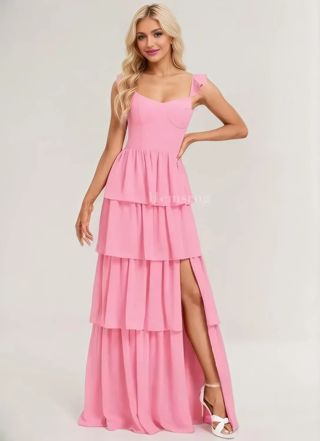 Tiered Ruffle Bridesmaid Dresses for Wedding Spaghetti Strap Prom Dress Chiffon Evening Gown for Women with Slit