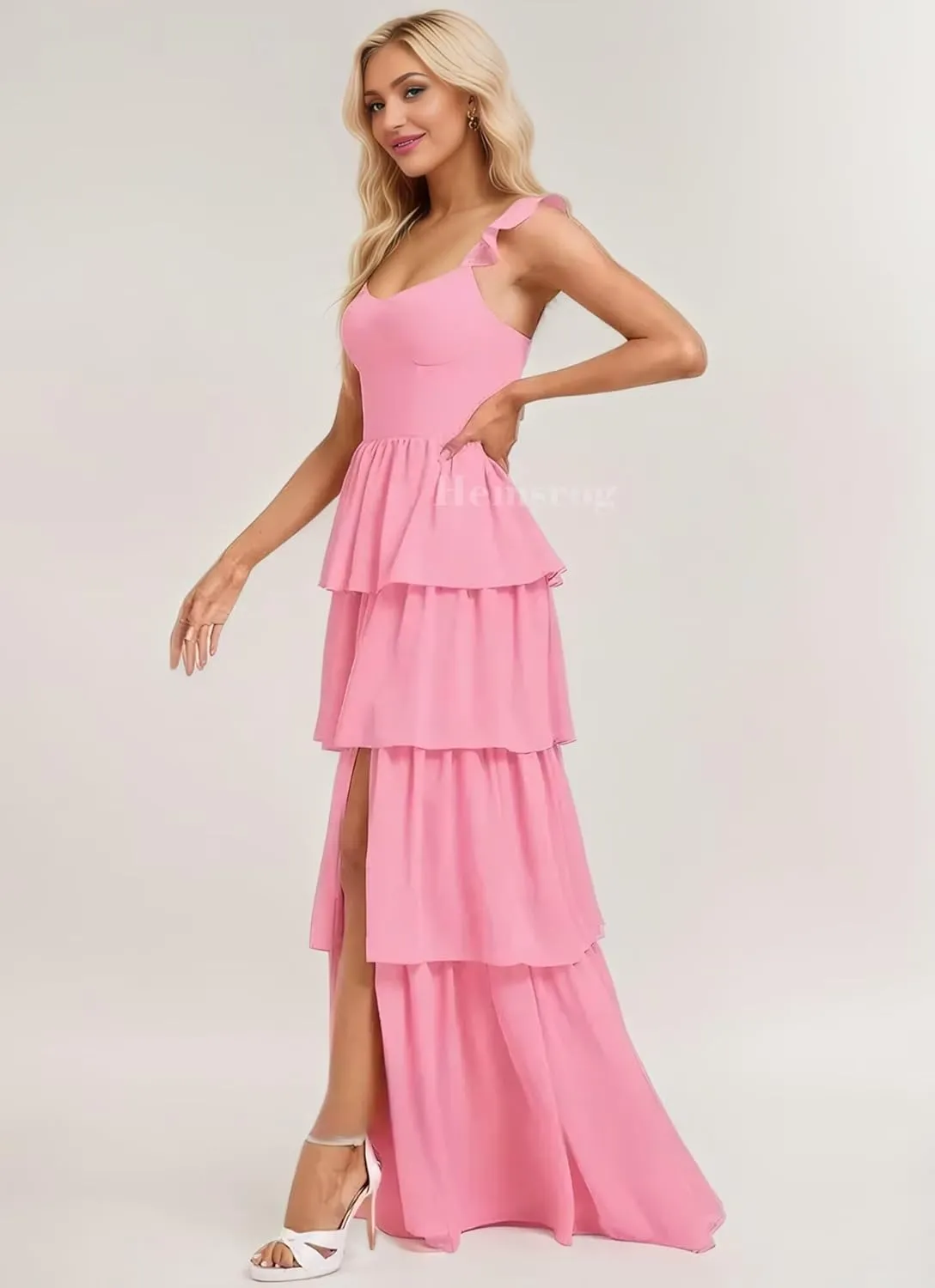 Tiered Ruffle Bridesmaid Dresses for Wedding Spaghetti Strap Prom Dress Chiffon Evening Gown for Women with Slit
