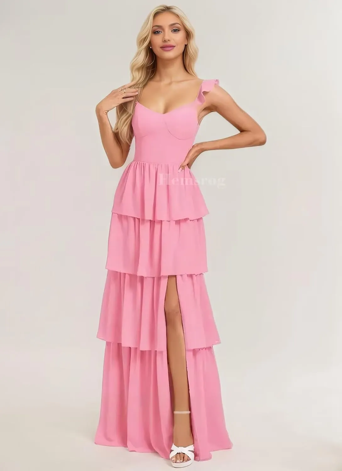 Tiered Ruffle Bridesmaid Dresses for Wedding Spaghetti Strap Prom Dress Chiffon Evening Gown for Women with Slit