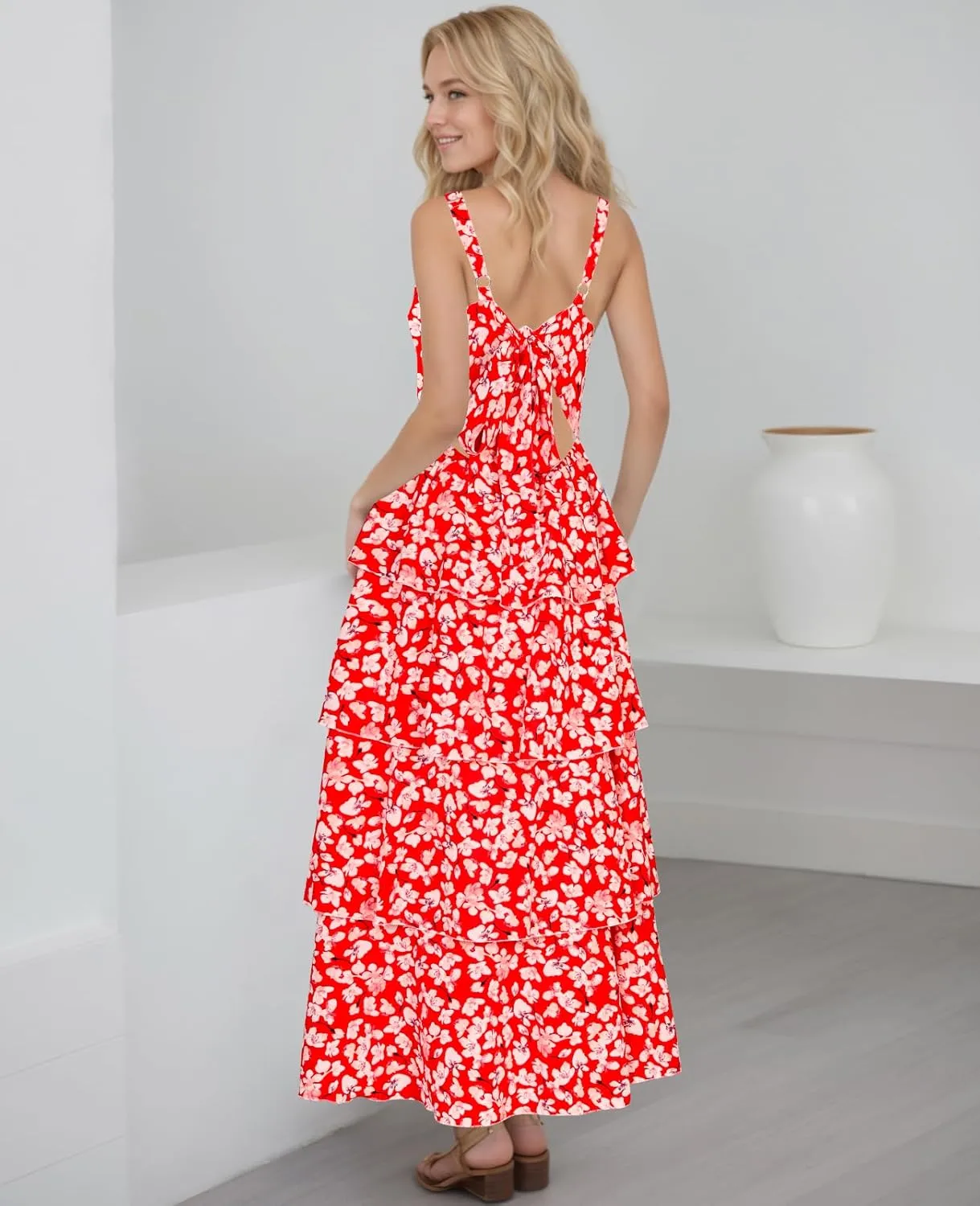 Tiered Ruffle Dress Women Casual Summer Spaghetti Strap Sleeveless Floral Layered Maxi Dress for Women Beach Sundress