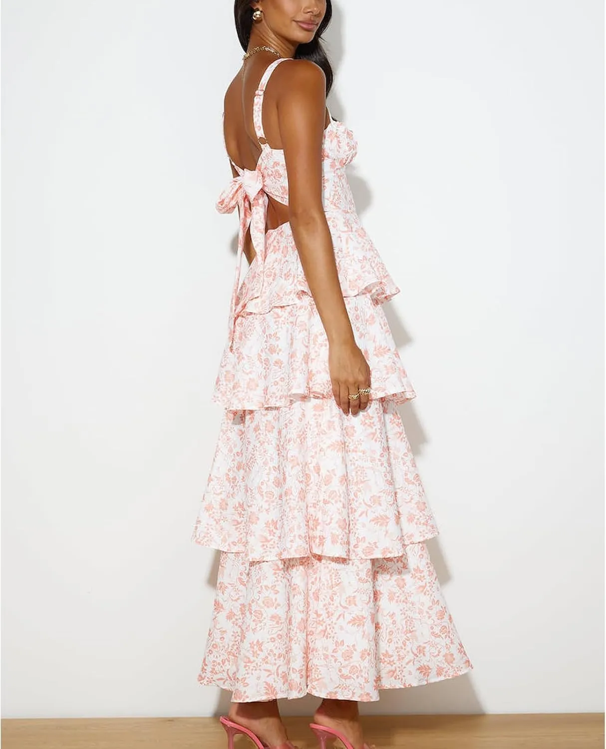 Tiered Ruffle Dress Women Casual Summer Spaghetti Strap Sleeveless Floral Layered Maxi Dress for Women Beach Sundress