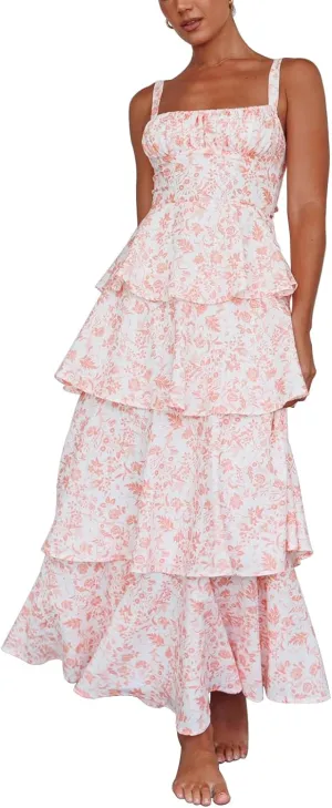 Tiered Ruffle Dress Women Casual Summer Spaghetti Strap Sleeveless Floral Layered Maxi Dress for Women Beach Sundress