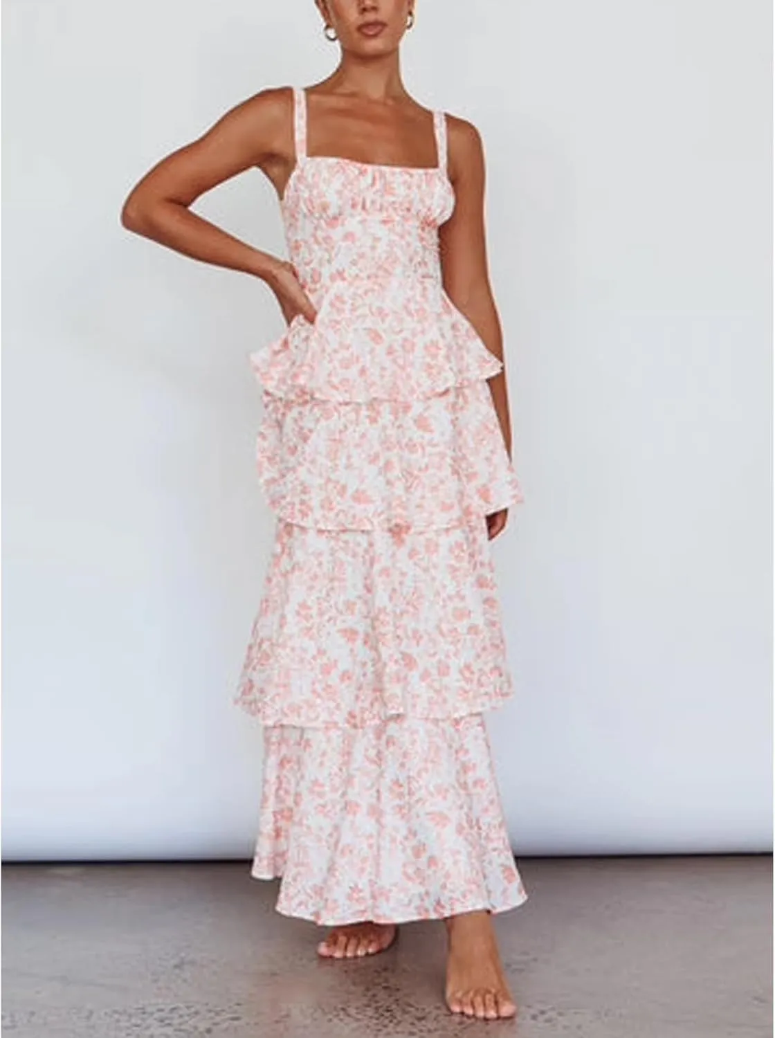 Tiered Ruffle Dress Women Casual Summer Spaghetti Strap Sleeveless Floral Layered Maxi Dress for Women Beach Sundress