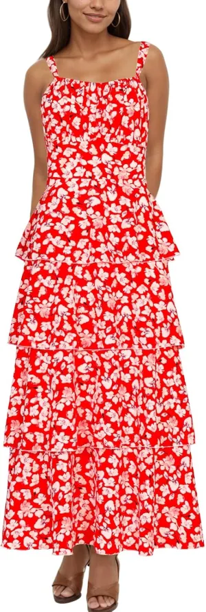 Tiered Ruffle Dress Women Casual Summer Spaghetti Strap Sleeveless Floral Layered Maxi Dress for Women Beach Sundress