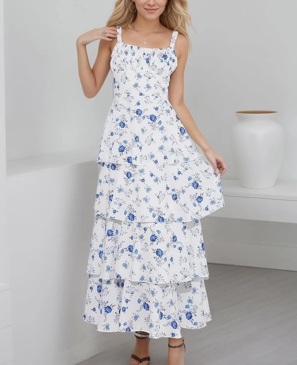 Tiered Ruffle Dress Women Casual Summer Spaghetti Strap Sleeveless Floral Layered Maxi Dress for Women Beach Sundress