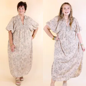 Timeless Blossom Floral Print Button Up Dress in Mocha Brown