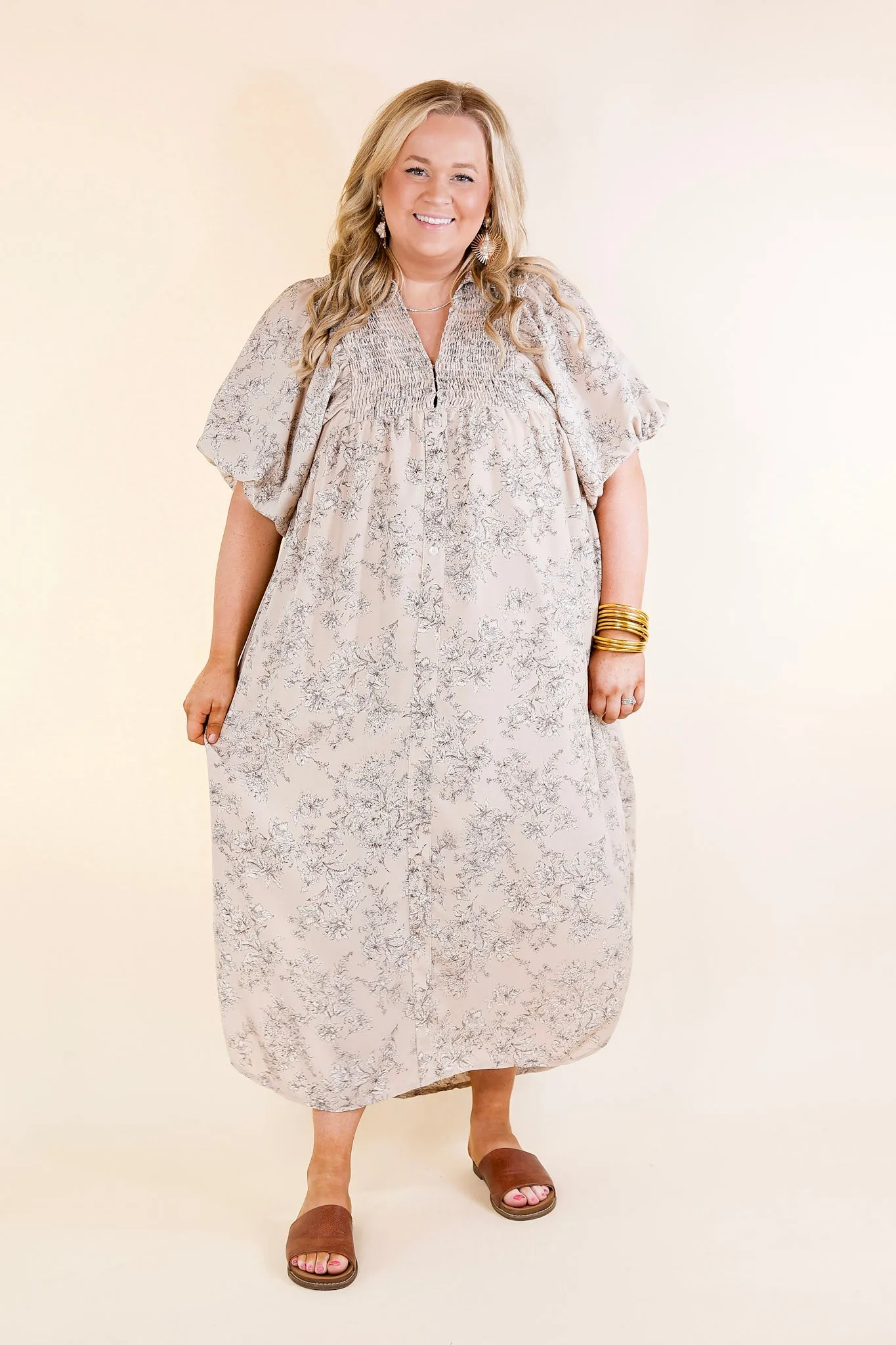 Timeless Blossom Floral Print Button Up Dress in Mocha Brown
