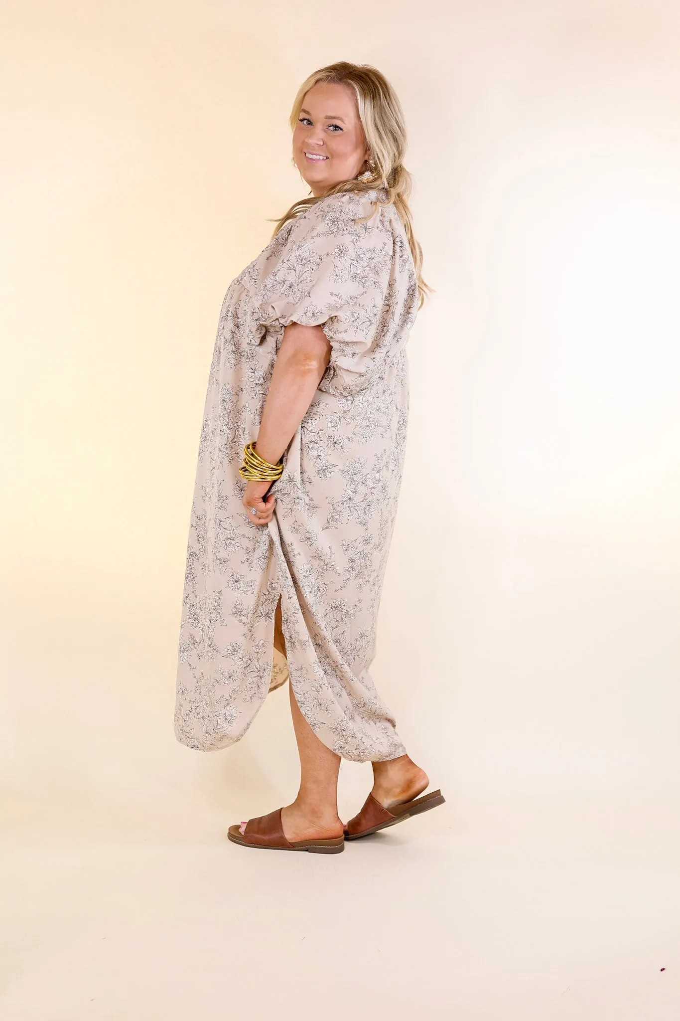 Timeless Blossom Floral Print Button Up Dress in Mocha Brown